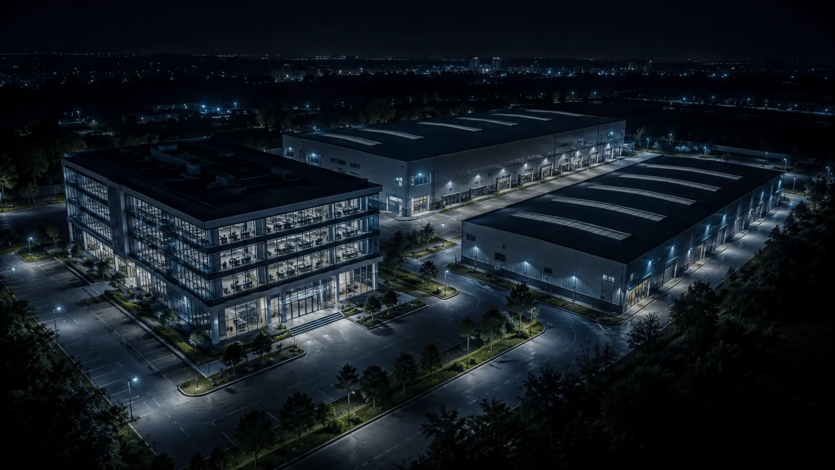 An elevated night view of a corporate and industrial campus — a glass-fronted office block beside two low-rise warehouse buildings, joined by lit service roads and parking.